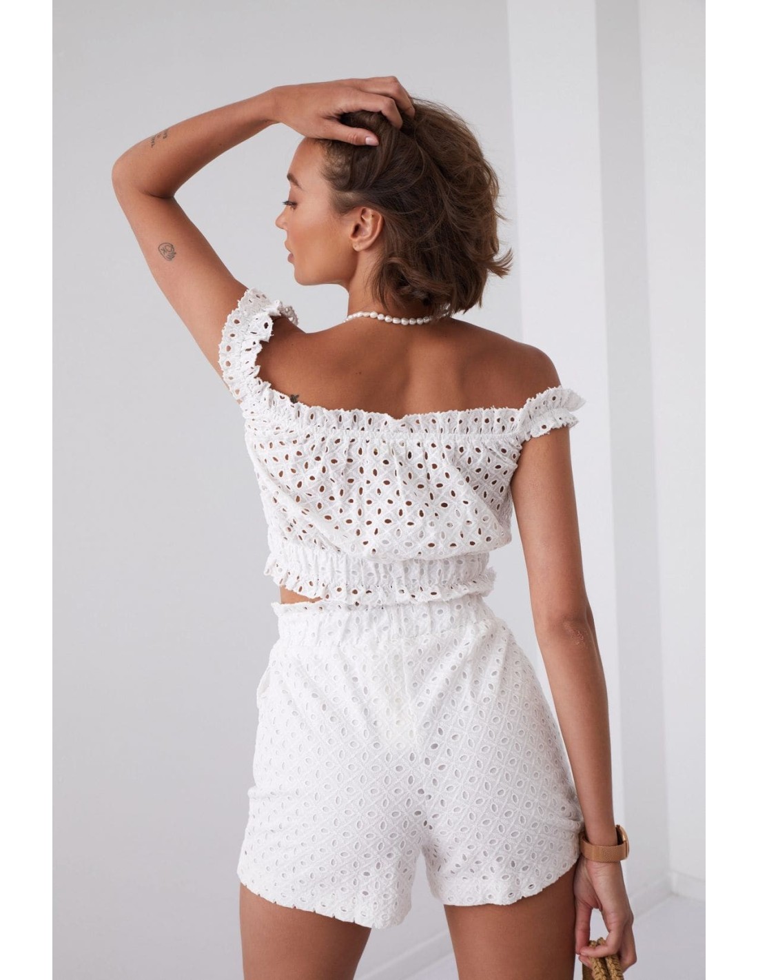 Short openwork blouse with embroidery, cream 20940 - Online store - Boutique